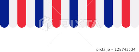 Seamless awning tent header in french style. Red, blue and white striped shop awning. Market canopy tent. Sun shade roof. Cafe awning. Shop striped canopy. Kiosk window border. Seamless awning tent header in french style. Red, blue and white striped shop awning. Market canopy tent. Sun shade roof. Cafe awning. Shop striped canopy. Kiosk window border. 128743534