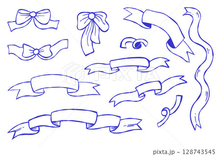 Blue flirtatious Bow, Ribbon banners Doodle collection. Isolated hand drawn of different curved label ribbons. Vector illustration Blue flirtatious Bow, Ribbon banners Doodle collection. Isolated hand drawn of different curved label ribbons. Vector illustration 128743545