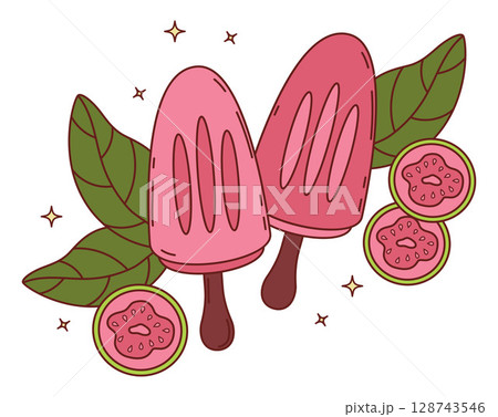 Pink pair of Guava ice cream stick and tropical fruit slices with leaves. Vector Illustration. Exotic food, sweet dessert. Not ai Pink pair of Guava ice cream stick and tropical fruit slices with leaves. Vector Illustration. Exotic food, sweet dessert. Not ai 128743546