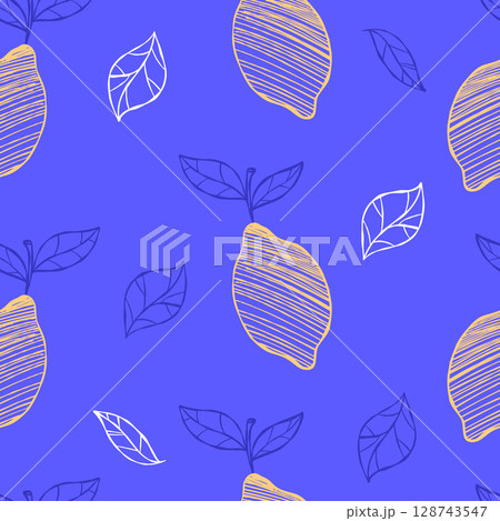 la dolce vita. Seamless pattern with yellow lemons on blue background. Mediterranean aesthetics. Vintage minimal backdrop. Citrus tropical whimsical fruits in Hand drawn sketch. Not AI la dolce vita. Seamless pattern with yellow lemons on blue background. Mediterranean aesthetics. Vintage minimal backdrop. Citrus tropical whimsical fruits in Hand drawn sketch. Not AI 128743547