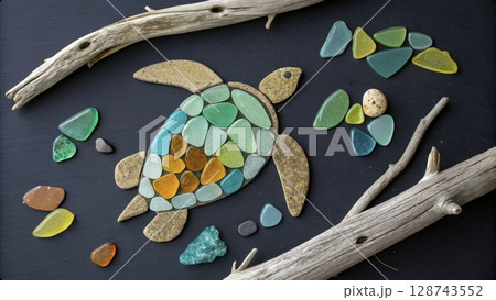 Colorful sea turtle mosaic created with beach glass and driftwood on a dark background 128743552