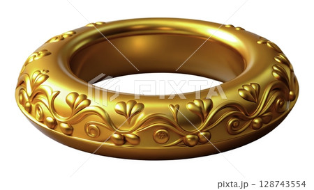 Decorative golden ring with intricate floral design displayed on a plain background 128743554