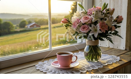 Morning sunlight illuminates a pink cup of coffee next to a vase of fresh flowers on a rustic wooden table 128743555