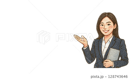 お客様を案内をするビジネスウーマン(16:9横長バナーイラストコピースペースあり) お客様を案内をするビジネスウーマン(16:9横長バナーイラストコピースペースあり) 128743646