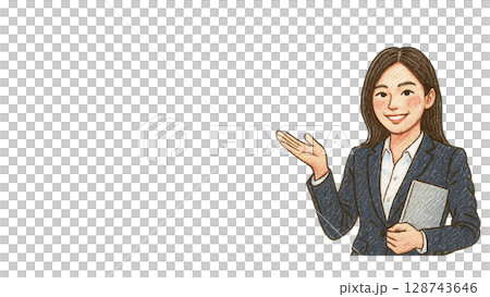 お客様を案内をするビジネスウーマン(16:9横長バナーイラストコピースペースあり) お客様を案内をするビジネスウーマン(16:9横長バナーイラストコピースペースあり) 128743646