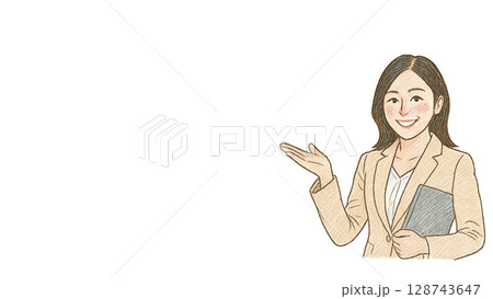 お客様を案内をするビジネスウーマン2(16:9横長バナーイラストコピースペースあり) 128743647
