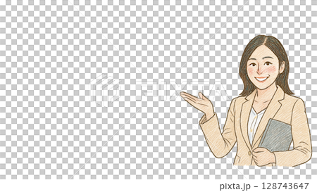 お客様を案内をするビジネスウーマン2(16:9横長バナーイラストコピースペースあり) 128743647