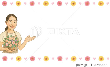 笑顔で説明をする花屋の店員(16:9横長バナーイラストコピースペースあり) 128743652