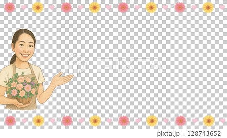 笑顔で説明をする花屋の店員(16:9横長バナーイラストコピースペースあり) 128743652