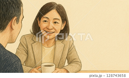 落ち着いた笑顔で男性の悩みを聞く日本人女性のカウンセラー(16:9横長バナーイラストコピースペース) 128743658