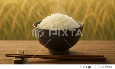 収穫を迎えた米とお茶碗に大盛りのご飯(16:9横長バナー) 128743668