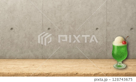 コンクリート打ちっぱなしのカフェの長テーブルとメロンソーダフロート(16:9横長バナー) 128743675
