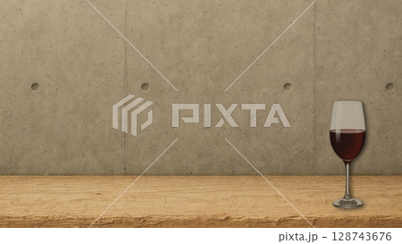 コンクリート打ちっぱなしのバーの長テーブルと赤ワイン(16:9横長バナー) 128743676