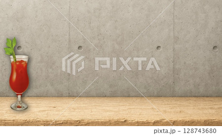 コンクリート打ちっぱなしのバーの長テーブルとブラッディマリー(16:9横長バナー) コンクリート打ちっぱなしのバーの長テーブルとブラッディマリー(16:9横長バナー) 128743680