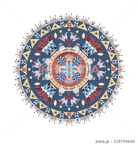 Ancient arabesque of indigenous peoples. Round circle ornament, border, frame. Geometric patterns, sacred lotus. Watercolor isolated illustration. Folklore ornate, African, Egyptian, Persian culture 128743689