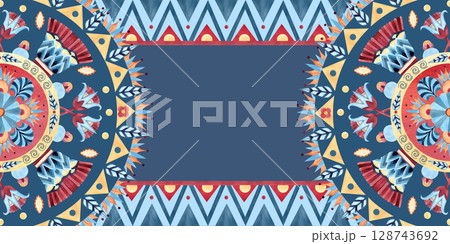 Frame ancient arabesque of indigenous peoples postcard, border. Geometric patterns, sacred lotus. Watercolor isolated illustration on dark blue background. African, Egyptian, Persian, East culture 128743692
