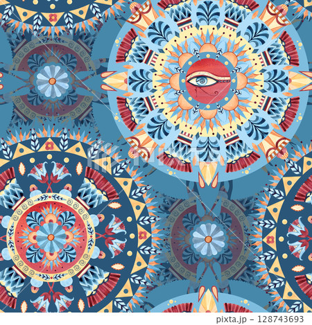 Arabesque seamless pattern with eye of Horus, sacred Lotus, ancient ethnic ornament in Egyptian culture style. Geometric abstract patterns. Watercolor art isolated on blue background. Tribal pattern Arabesque seamless pattern with eye of Horus, sacred Lotus, ancient ethnic ornament in Egyptian culture style. Geometric abstract patterns. Watercolor art isolated on blue background. Tribal pattern 128743693