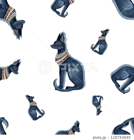 Bastet Egyptian goddess, ancient religion icon, symbol. Black cat with Jewellery. Watercolor illustration isolated from background. For textile, souvenir products wrap, patterns and ornament design 128743695