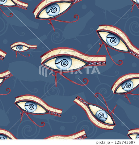 Eye of Horus seamless pattern. Egyptian ornament wadjet, isolated on dark blue background. Ancient religion symbol. Watercolor icon illustration for textile, decorative items, souvenir product design Eye of Horus seamless pattern. Egyptian ornament wadjet, isolated on dark blue background. Ancient religion symbol. Watercolor icon illustration for textile, decorative items, souvenir product design 128743697
