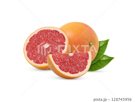 Whole grapefruit and cut in a half and a slice isolated with green leaf. Grapefruits and green leaves with clipping path. 128743956