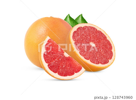 Ripe grapefruit and cut in a half isolated with standing grapefruit slice. Grapefruit with leaf cut out. 128743960