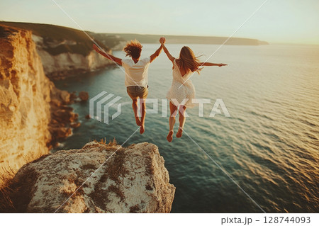 Cheerful tourists holding hands jump into the refreshing blue sea during a relaxing summer vacation. A guy and a girl dive fully clothed from a cliff into the sea for fun. Cheerful tourists holding hands jump into the refreshing blue sea during a relaxing summer vacation. A guy and a girl dive fully clothed from a cliff into the sea for fun. 128744093