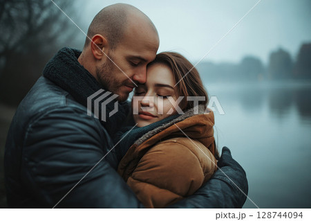 A man hugs a woman tightly against a blurred cloudy autumn background by a river. 128744094
