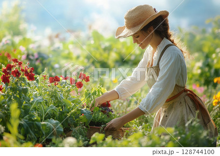 A village woman in a hat tends flowers in a garden. Sunlight illuminates the silhouette of a woman in a dress with flowers. Generated by artificial intelligence 128744100