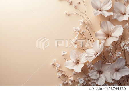 Close-up of delicate white gypsophila flowers on soft beige background with space for your text. 128744130