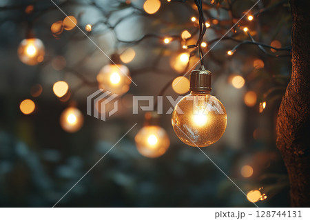 Close-up of a light bulb on a string of lights in the evening. Evening garland. 128744131