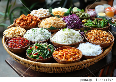 Set of bowls with snacks on a wooden tray. Asian food on plates. 128744157