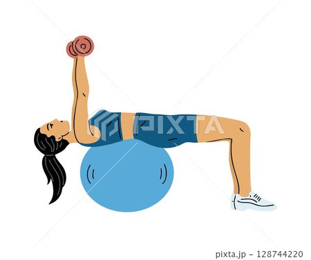 Sporty young woman doing exercises with gymnastic ball and dumbbells Sporty young woman doing exercises with gymnastic ball and dumbbells 128744220