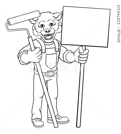 Wolf Painter Decorator Paint Roller Mascot Man Wolf Painter Decorator Paint Roller Mascot Man 128744322