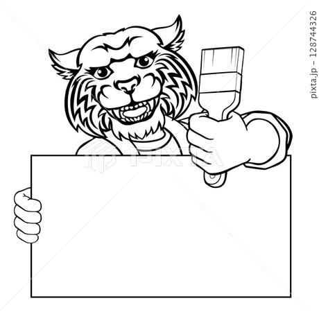 Wildcat Painter Decorator Paint Brush Mascot Man 128744326