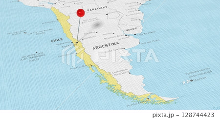 Chile, Santiago - push pin on political map - 3D illustration 128744423