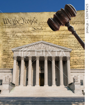 Supreme Court building and Declaration of Independence and gavel 128744525