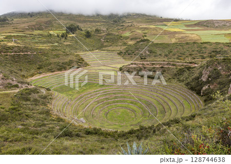 High angle view of terraced Inca ruins in Sacred Valley of the Incas High angle view of terraced Inca ruins in Sacred Valley of the Incas 128744638