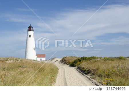 Lighthouse at Great Point against blue sky 128744693