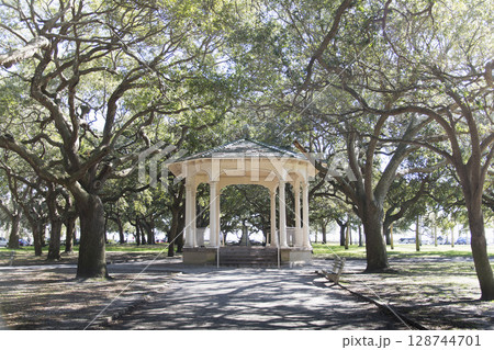 Gazebo and trees in White Point Gardens 128744701