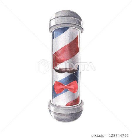 Barber pole, curled mustache, bow tie. Hand-painted watercolor illustration isolated on white background for hipster branding, barbershop, grooming decor, men fashion, gentleman-themed designs 128744792