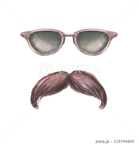 Sunglasses, retro mustache. Hand-painted watercolor illustration of funny face isolated on white background. Perfect for hipster and nerd branding, barbershop decor, men fashion, gentleman designs 128744805