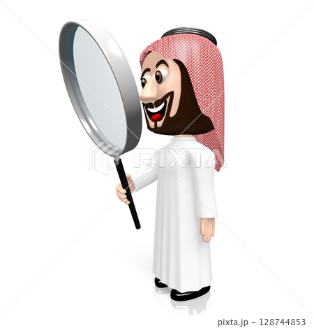 3D Arab with magnifying glass 3D Arab with magnifying glass 128744853