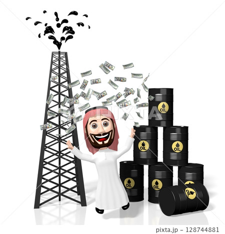 3D Arab cartoon character, oil well, money 128744881