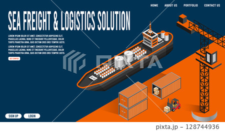 Sea freight transport isometric Cargo logistics with oil tanker, working crane and container ships. 128744936