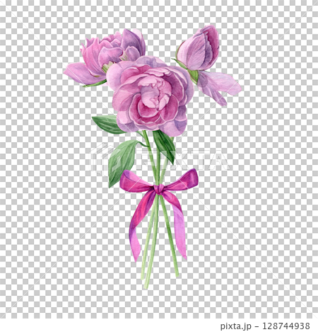 Bouquet of peonies. Watercolor bouquet of summer flowers with pink ribbon isolated on a white background. Good for postcards, invitations, greeting cards 128744938