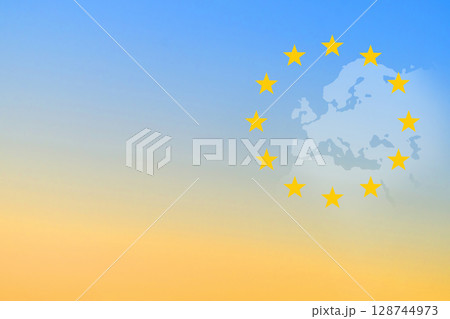 Yellow stars in circle forming EU symbol around map of Europe Yellow stars in circle forming EU symbol around map of Europe 128744973