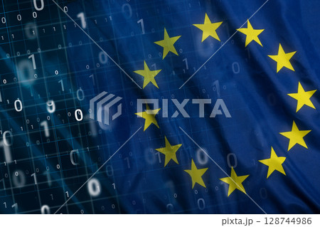 Flag of the European Union superimposed over computer, binary numbers Flag of the European Union superimposed over computer, binary numbers 128744986