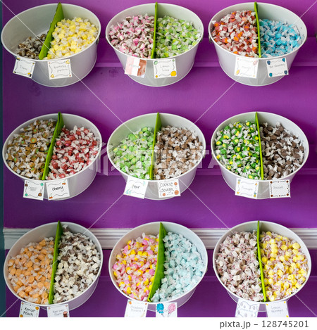 Assorted salt water taffy in candy store 128745201