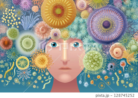 Surreal illustration of a human face surrounded by colorful abstract microorganisms and viruses in a conceptual representation of health and biology 128745252
