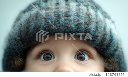 Close-up of wide-eyed child in a fuzzy winter hat, capturing curiosity and wonder in a cold season moment 128745253